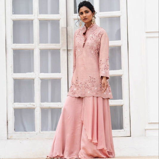 Soft pink dupien and heavy satin indowestern dress