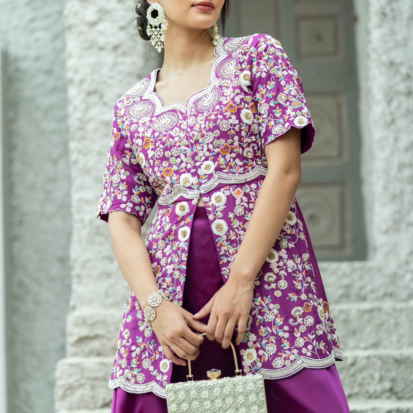 Purple satin upada silk peplum top with heavy satin lehenga pallazo