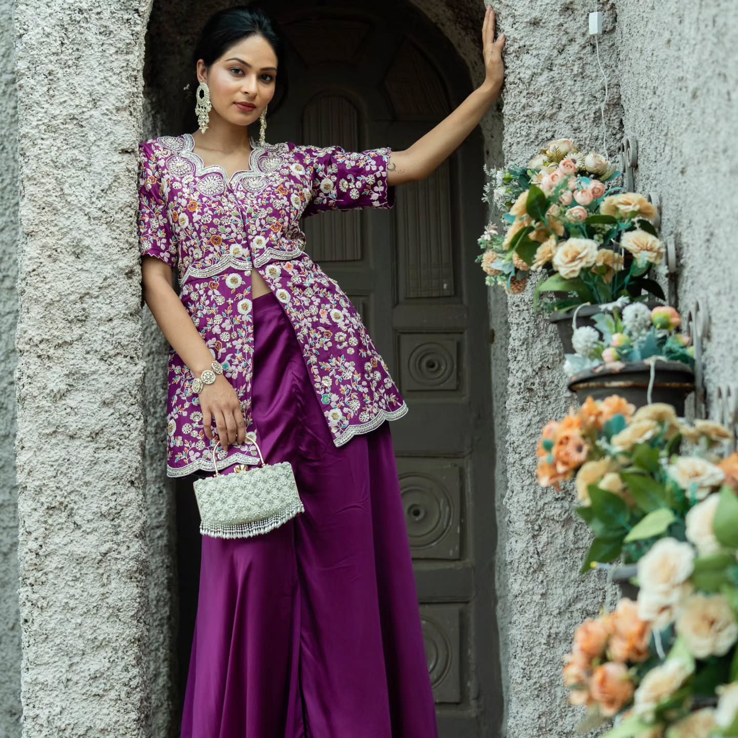 Purple satin upada silk peplum top with heavy satin lehenga pallazo