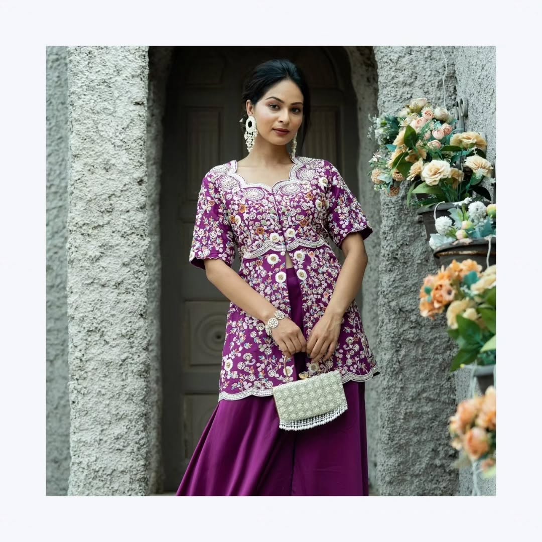 Purple satin upada silk peplum top with heavy satin lehenga pallazo