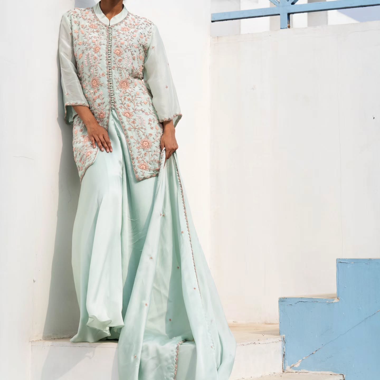 Light green upada silk peplum top with heavy satin lehenga pallazo