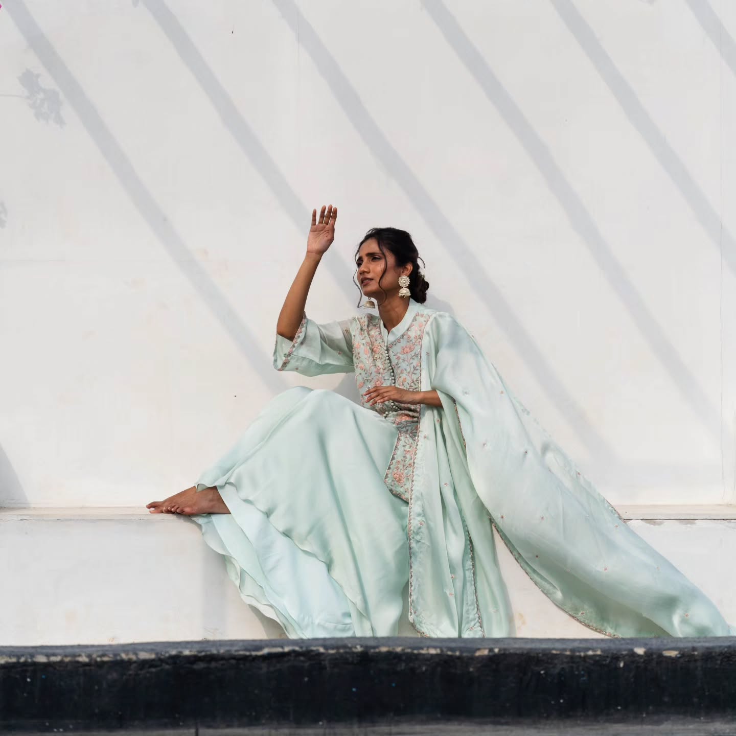 Light green upada silk peplum top with heavy satin lehenga pallazo