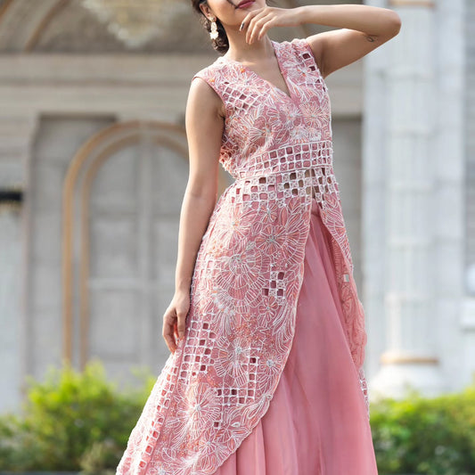 Peach upada silk  top with  flat chifforn lehenga set