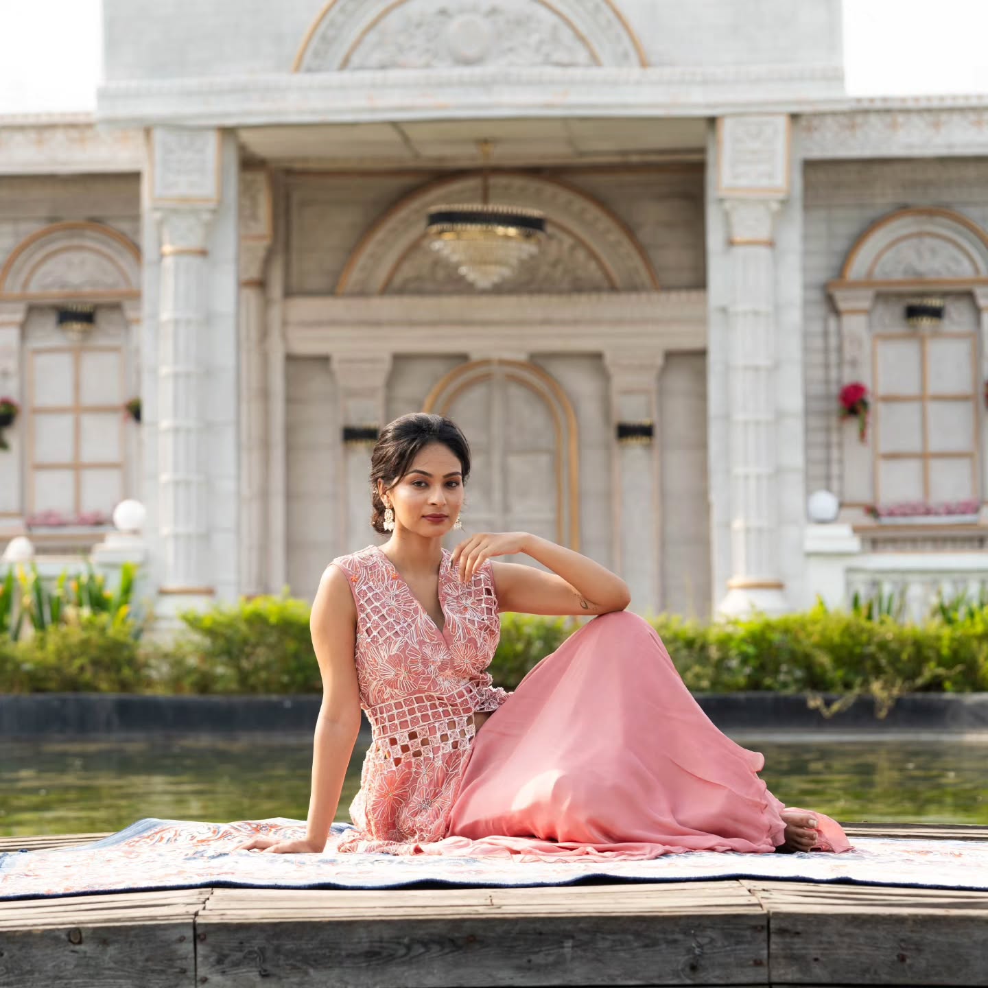 Peach upada silk  top with  flat chifforn lehenga set