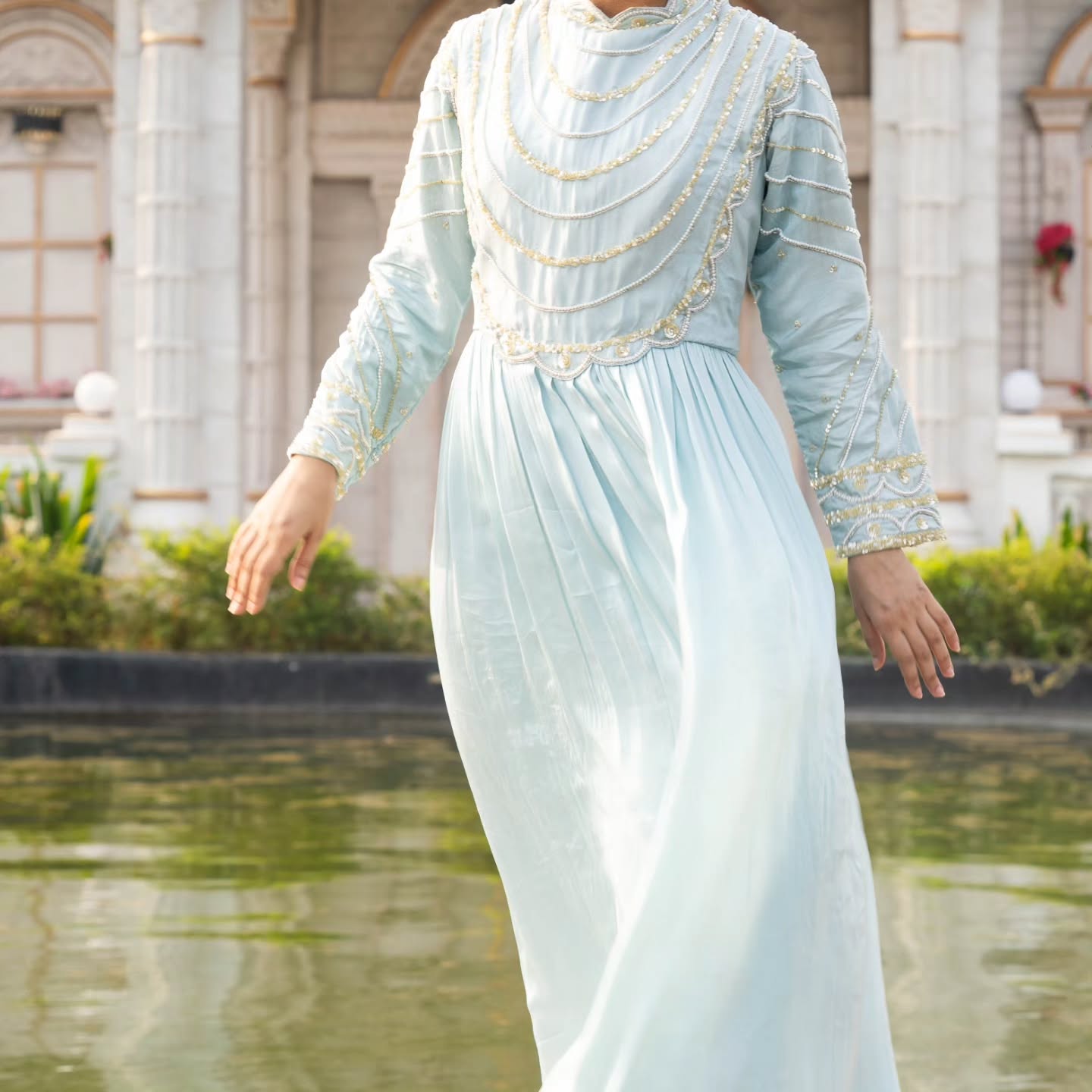 Blue upada silk and heavy satin gown