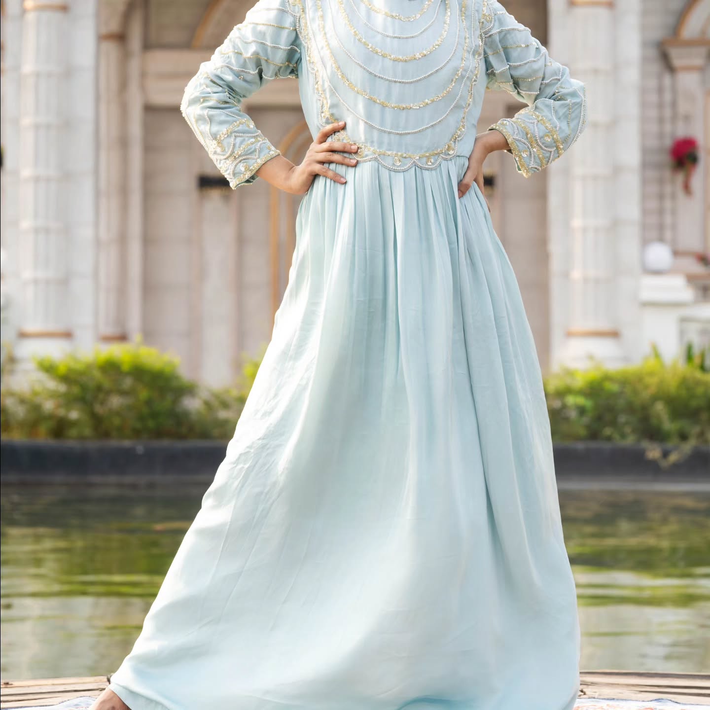 Blue upada silk and heavy satin gown