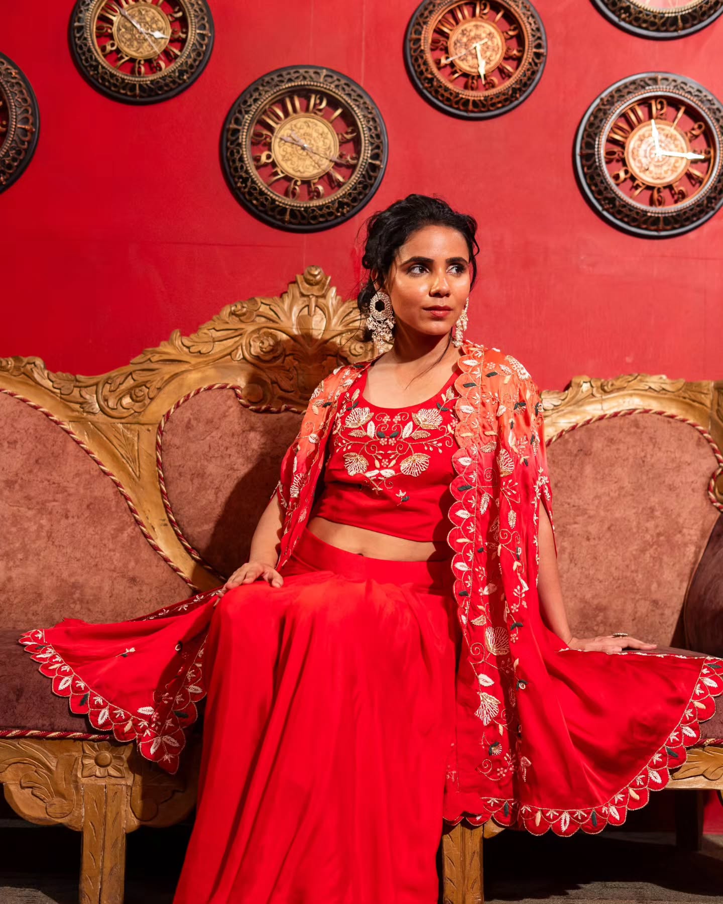  2 shaded red upada silk, satin organza set with crepe georgette bottoms