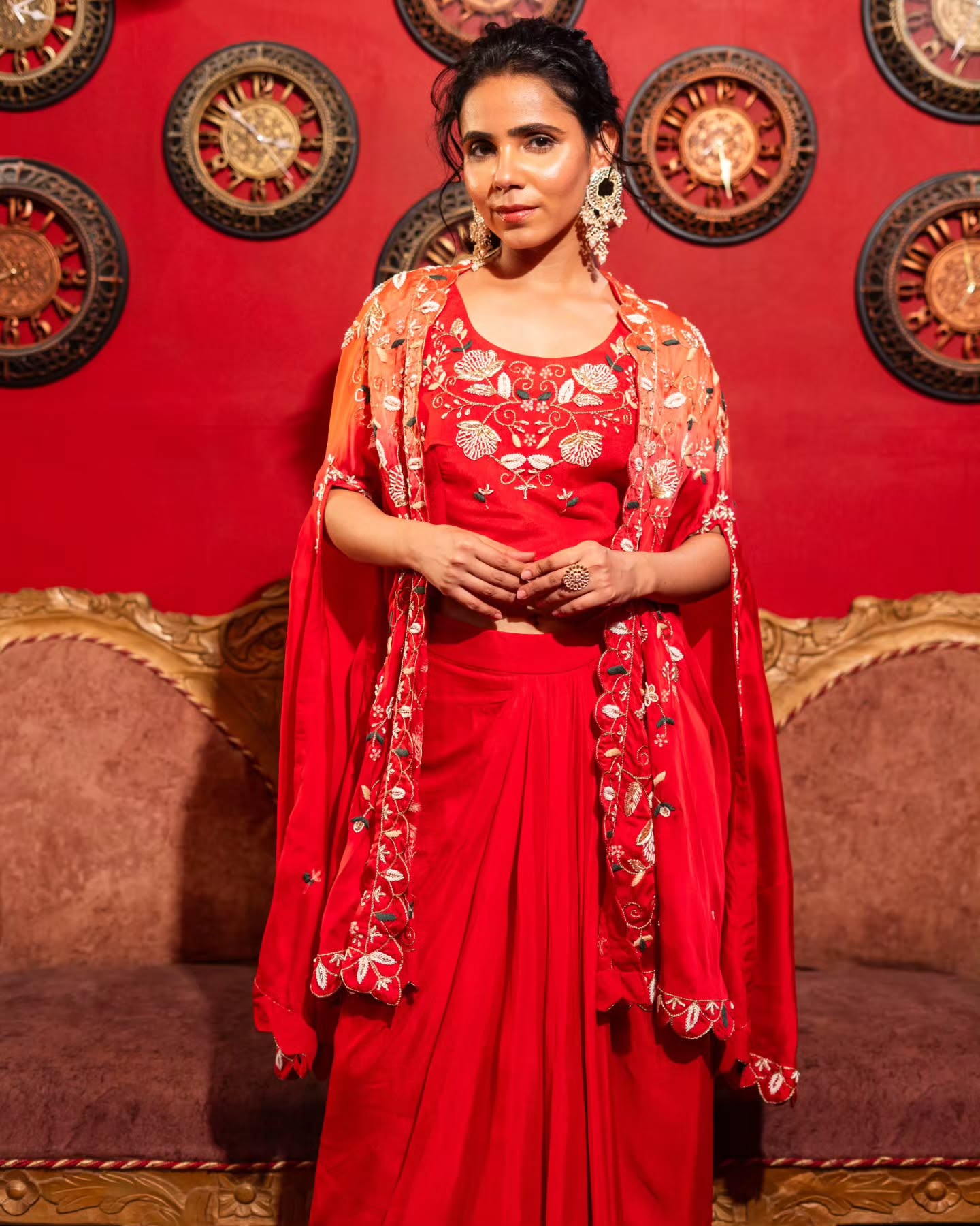  2 shaded red upada silk, satin organza set with crepe georgette bottoms