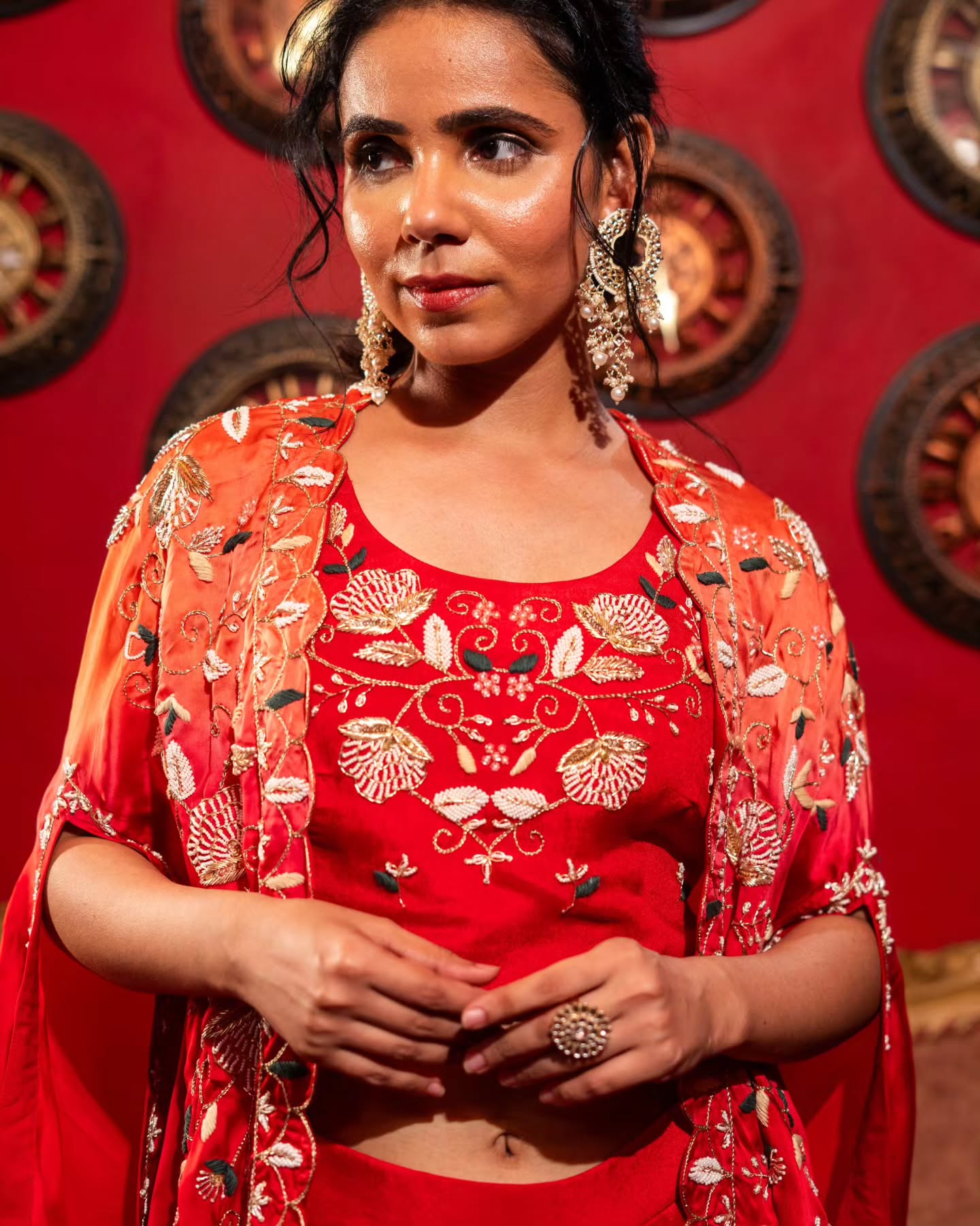  2 shaded red upada silk, satin organza set with crepe georgette bottoms