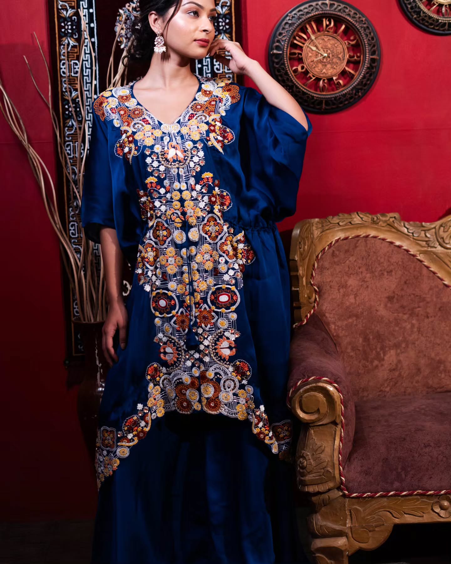Royal blue satin organza kaftan