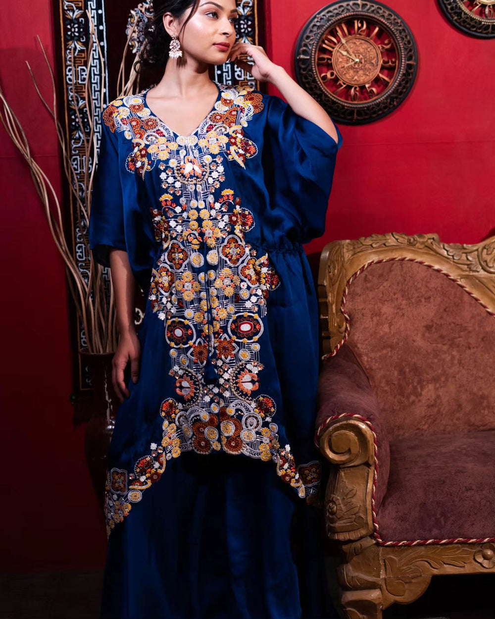 Royal blue satin organza kaftan