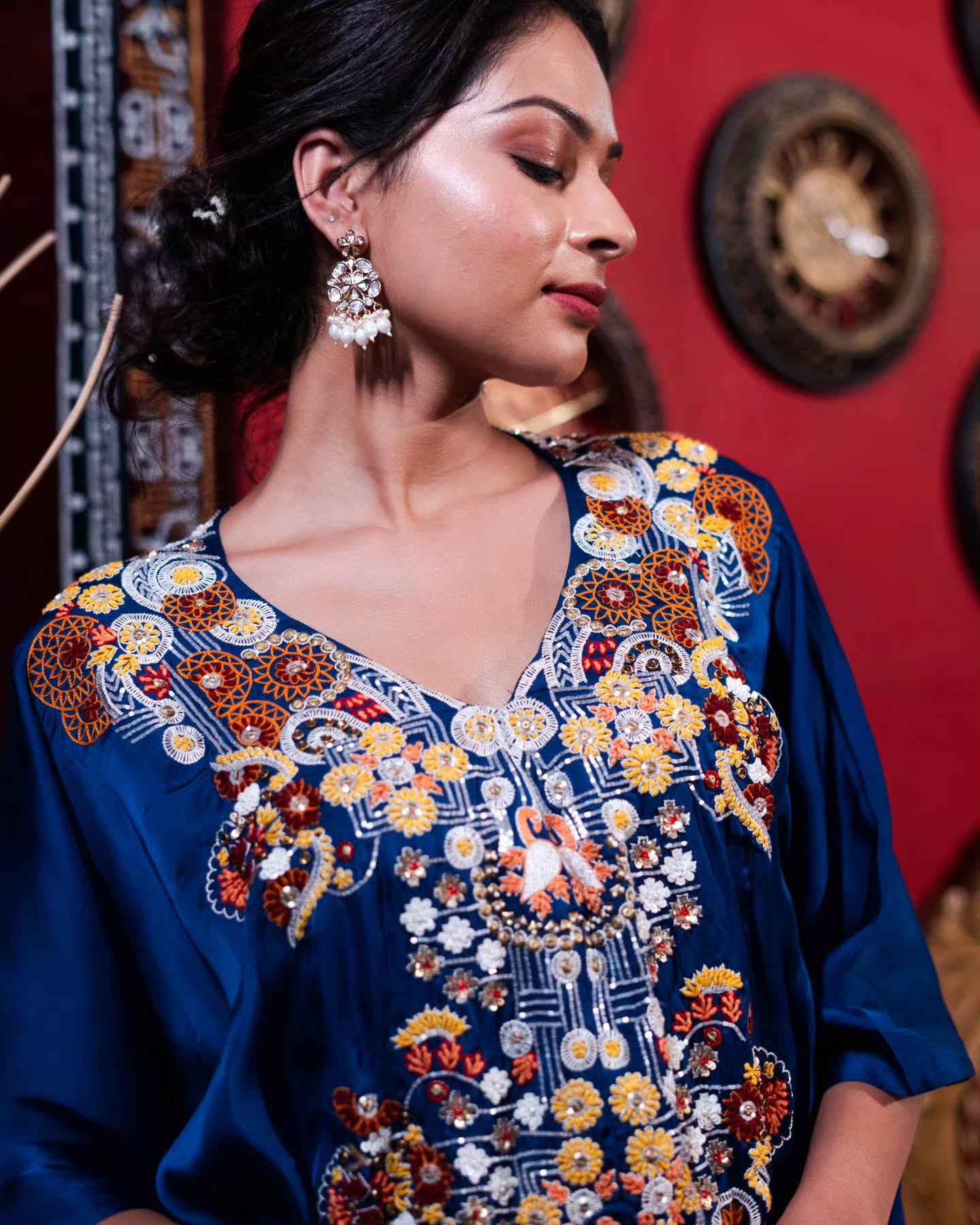 Royal blue satin organza kaftan