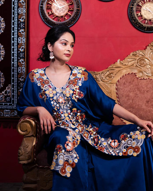 Royal blue satin organza kaftan