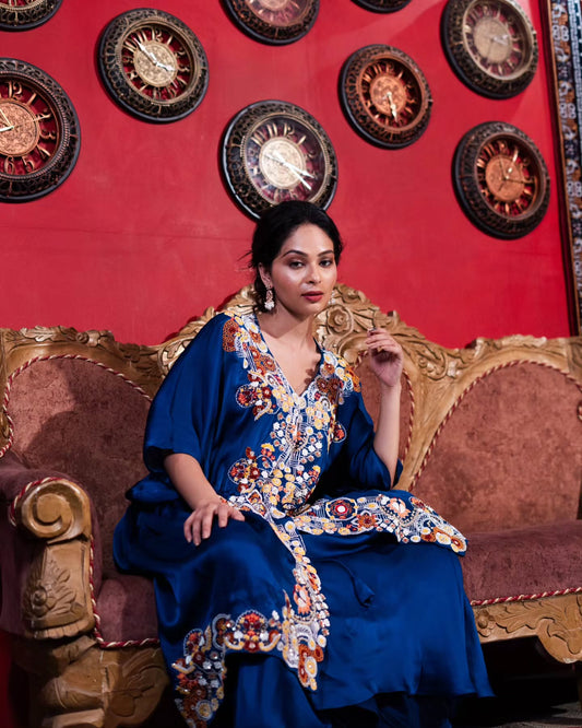 Royal blue satin organza kaftan