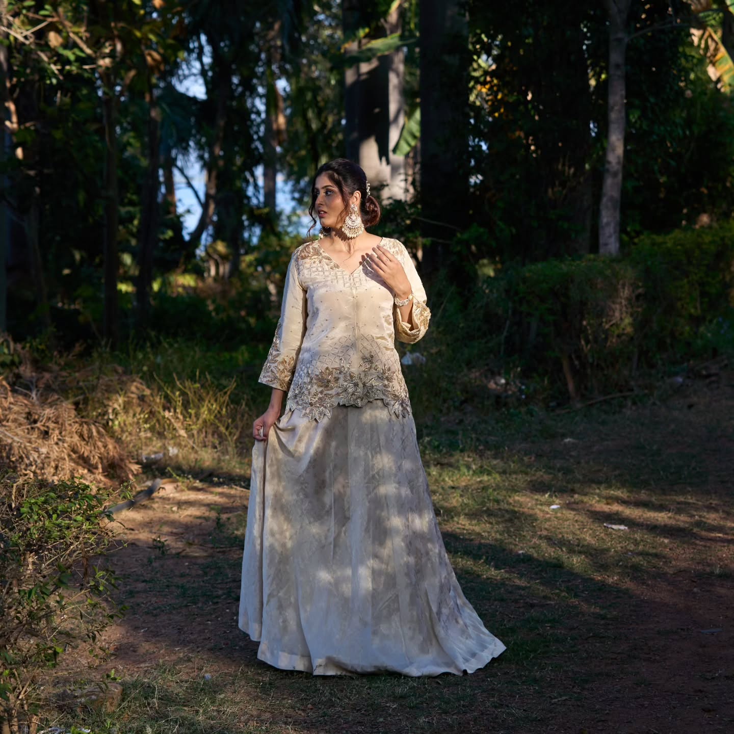 Cream russian silk top with russian silk lehenga set