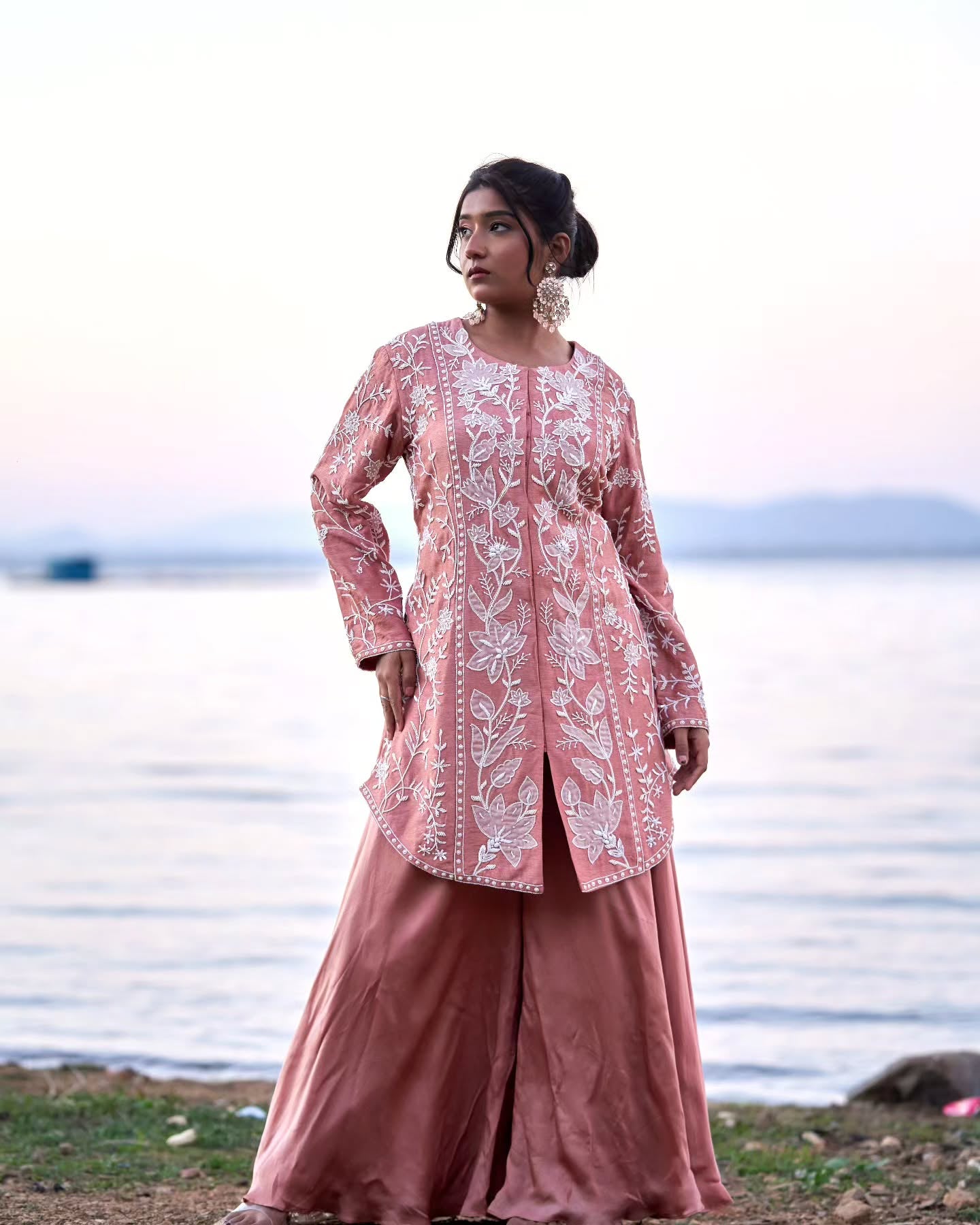 Caramel net peplum top with heavy satin lehenga pallazo