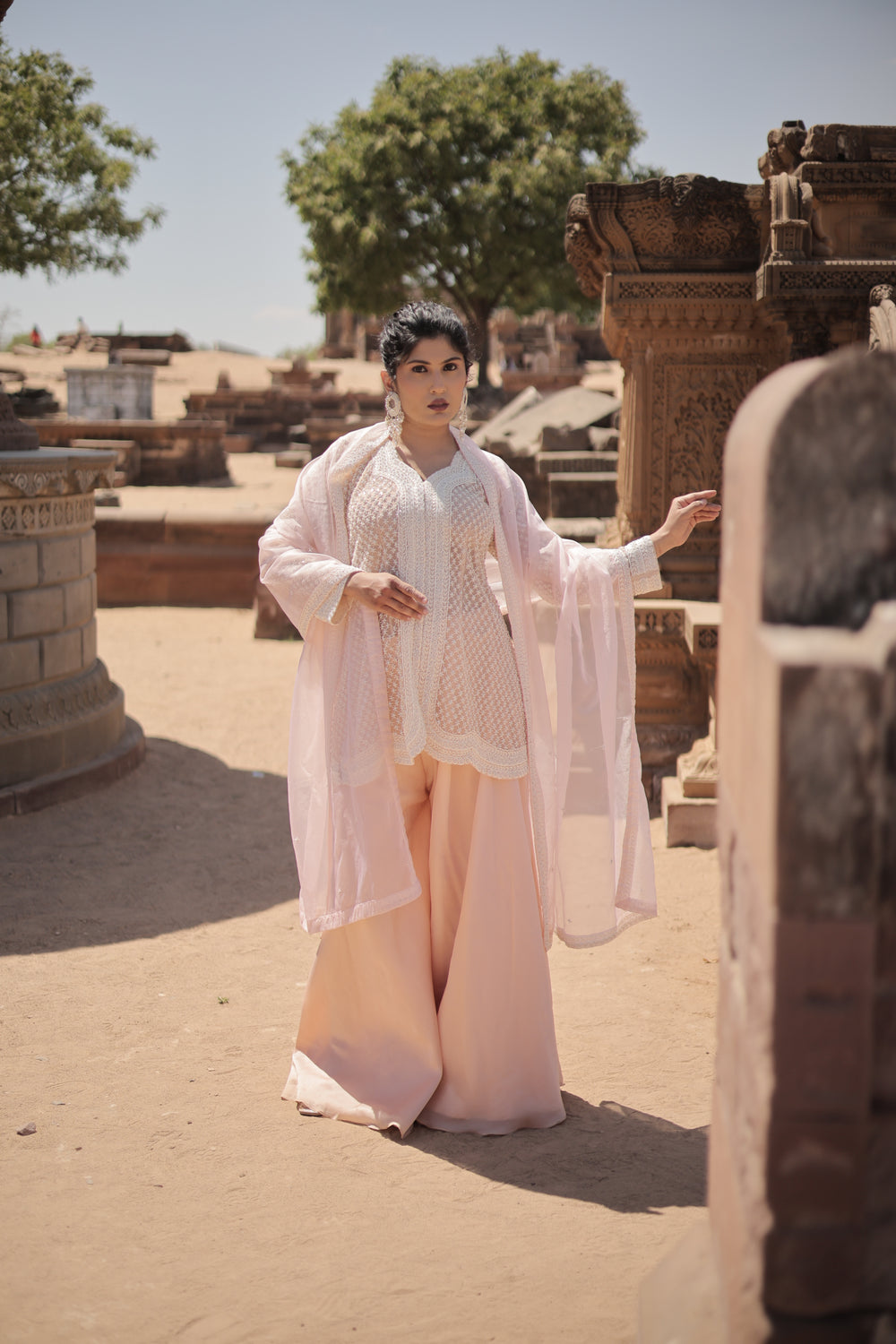 Light Peach Pearl Peplum Top with Lehenga Palazzo