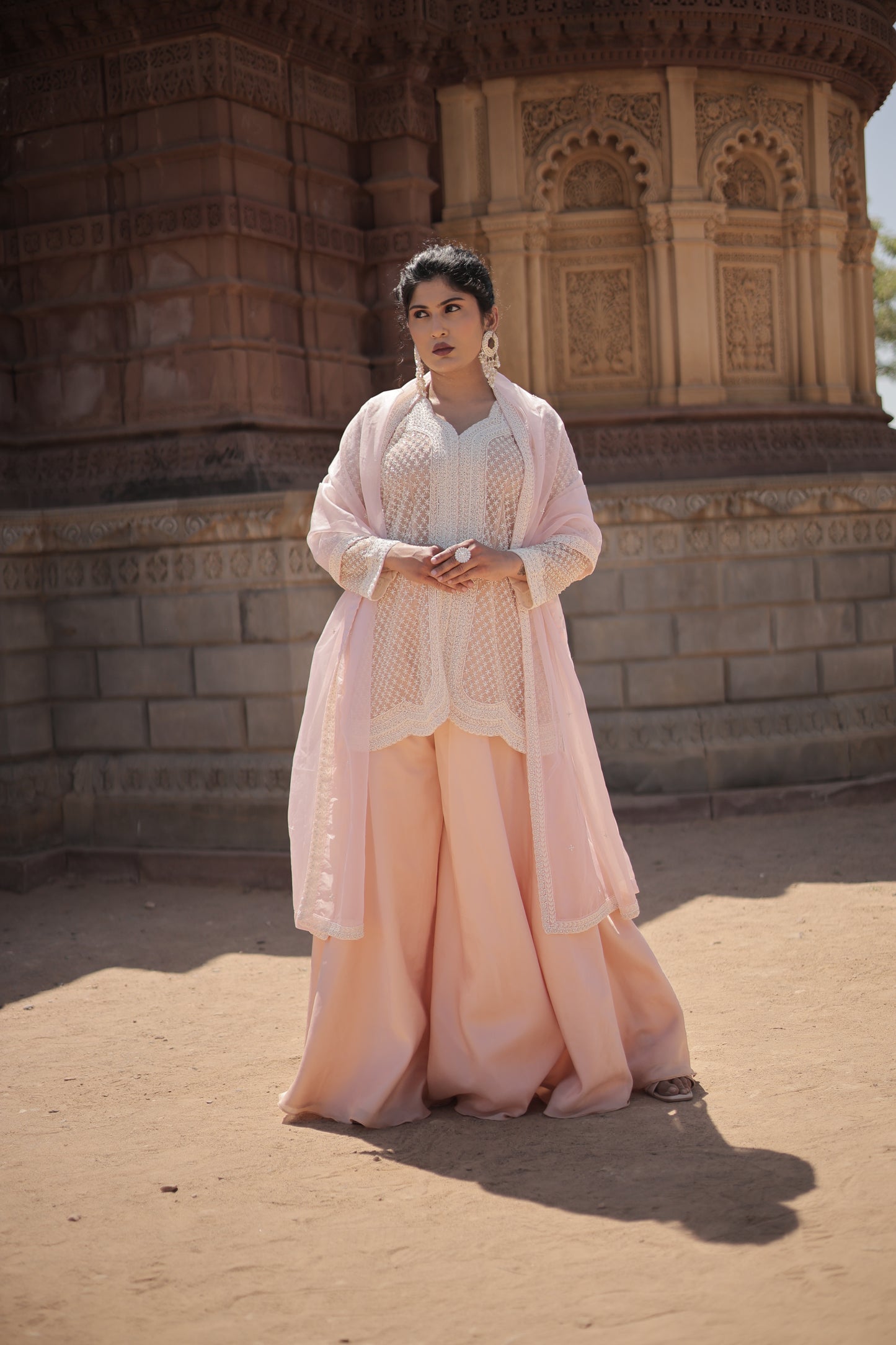 Light Peach Pearl Peplum Top with Lehenga Palazzo