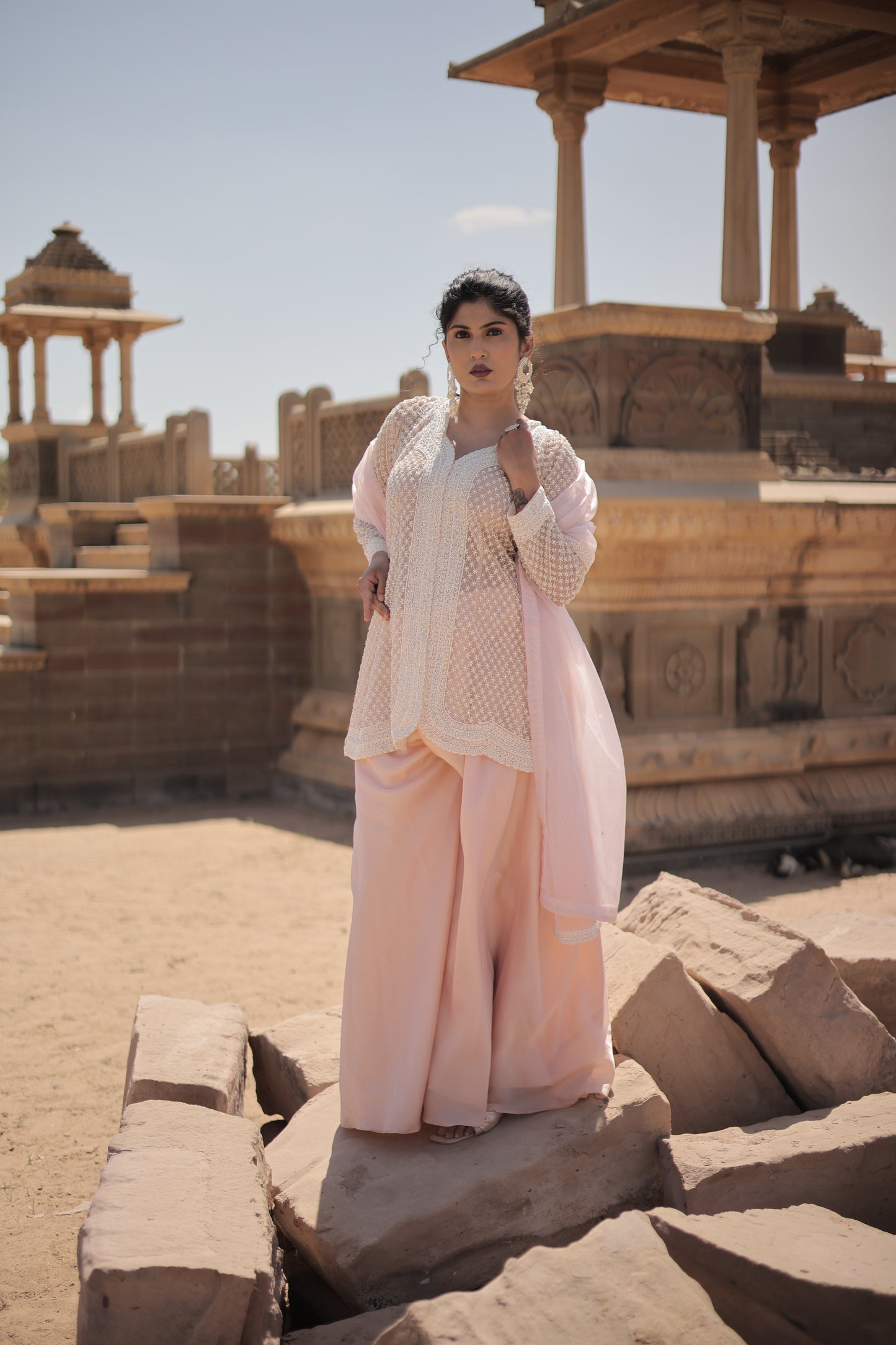 Light Peach Pearl Peplum Top with Lehenga Palazzo