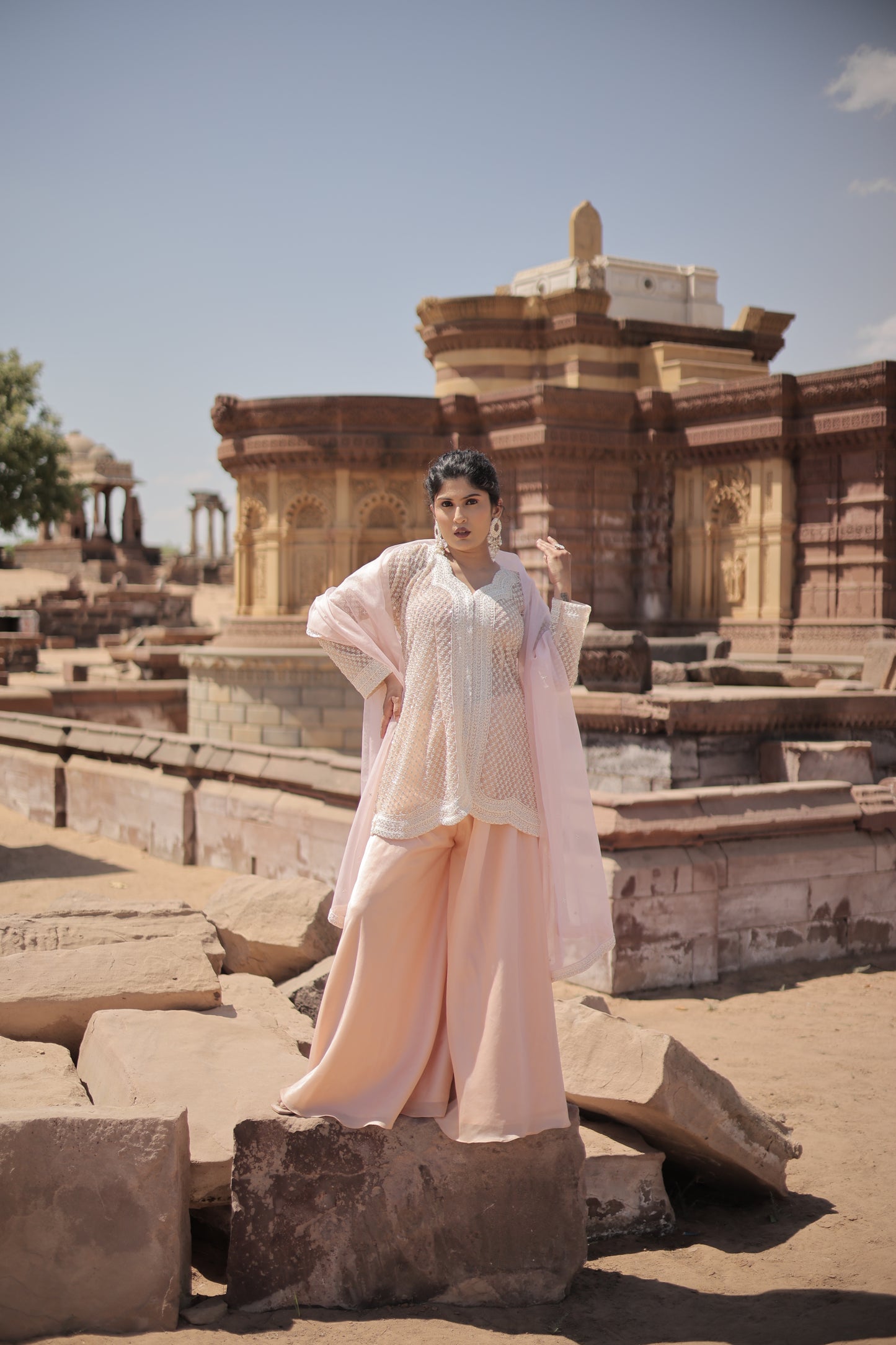 Light Peach Pearl Peplum Top with Lehenga Palazzo