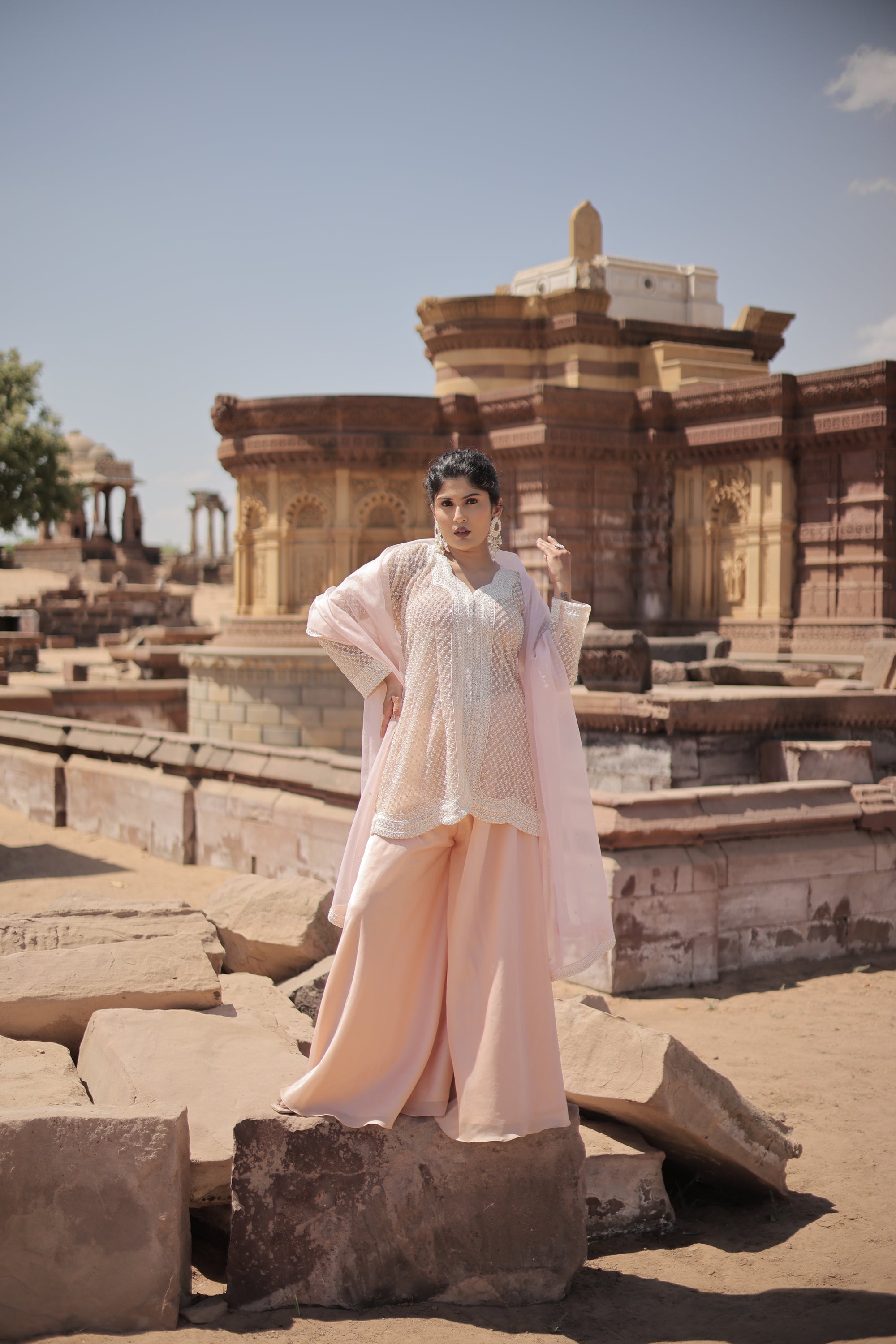 Light Peach Pearl Peplum Top with Lehenga Palazzo