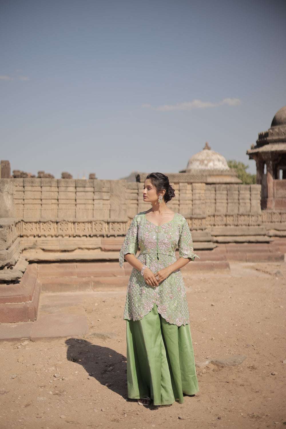 Mint green peacock GG Peplum top with Lehenga Palazzo