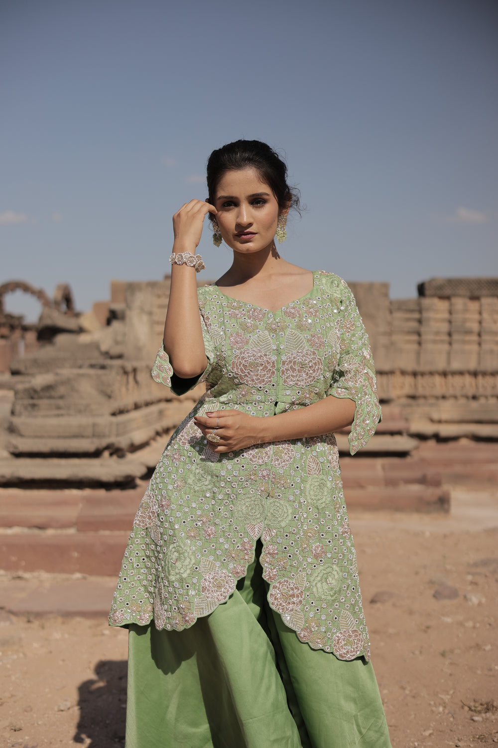 Mint green peacock GG Peplum top with Lehenga Palazzo