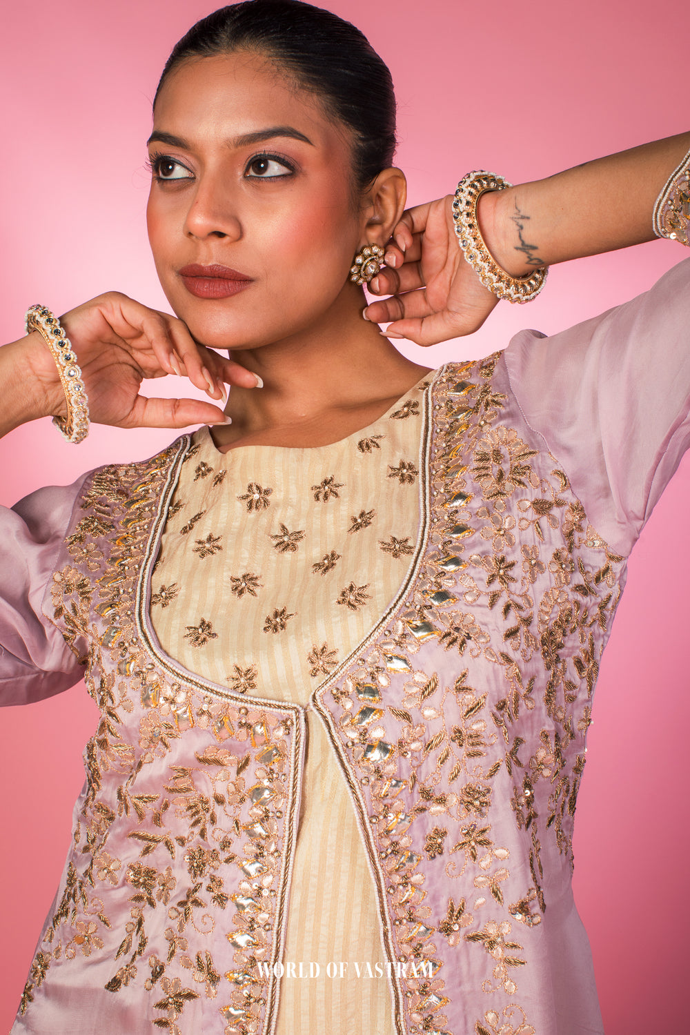 Embroidered Lilac Layered Kurta Set