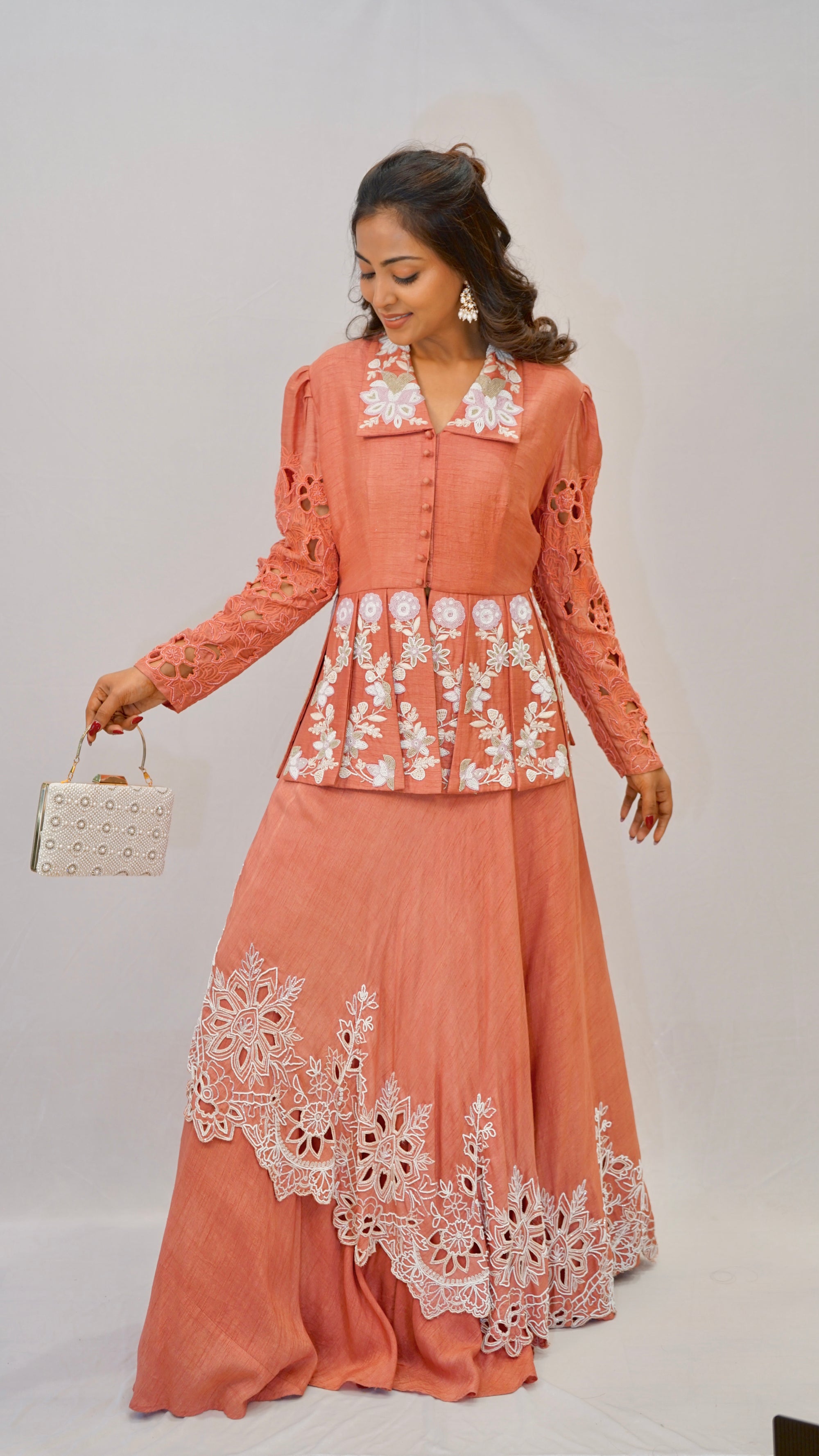 Brick red dupien silk top with dupien silk lehenga