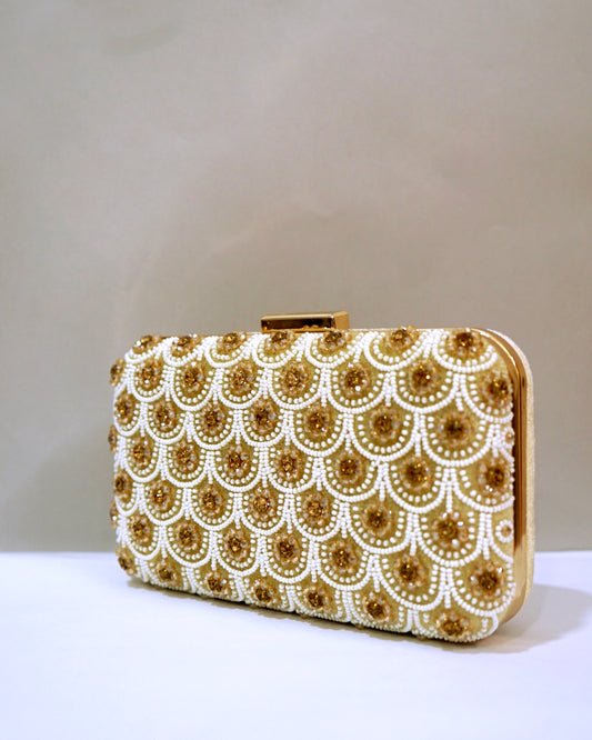 Gold And Ivory Hand Embroidery Clutch