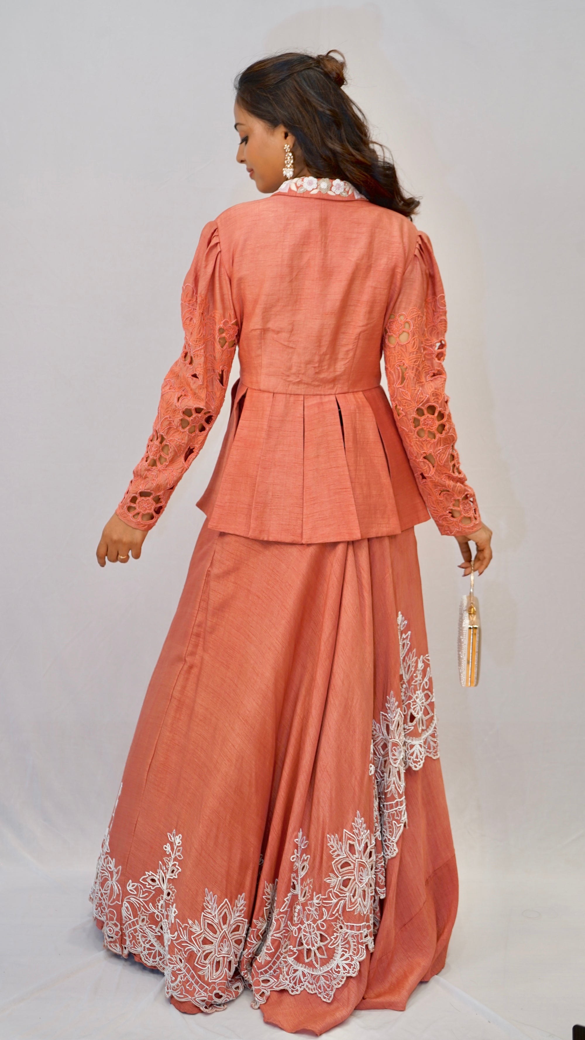 Brick red dupien silk top with dupien silk lehenga