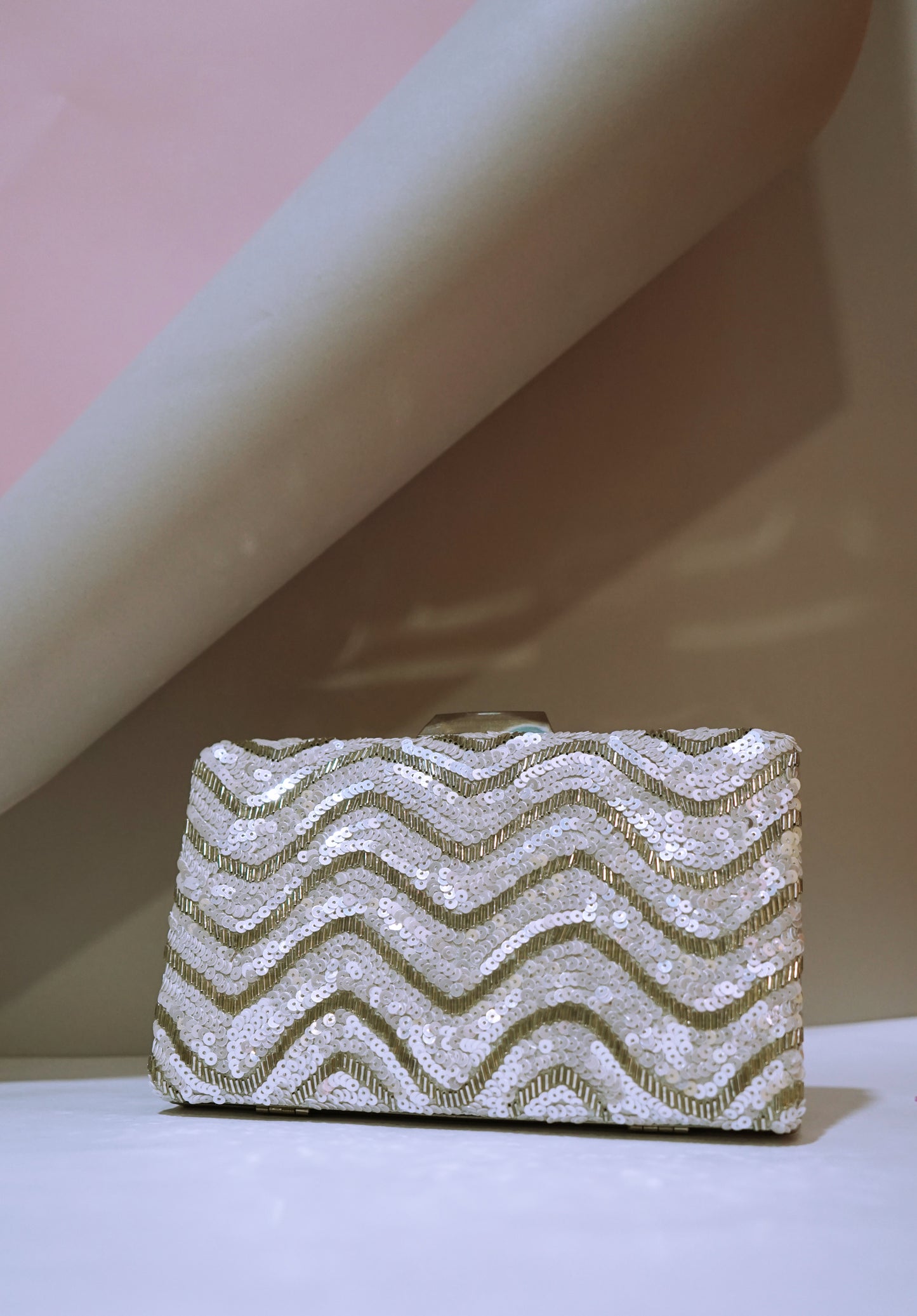 Rectangular shimmering white and silver Clutch