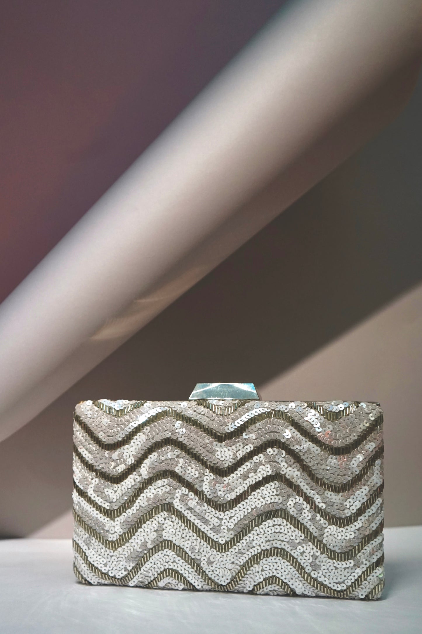 Rectangular shimmering white and silver Clutch