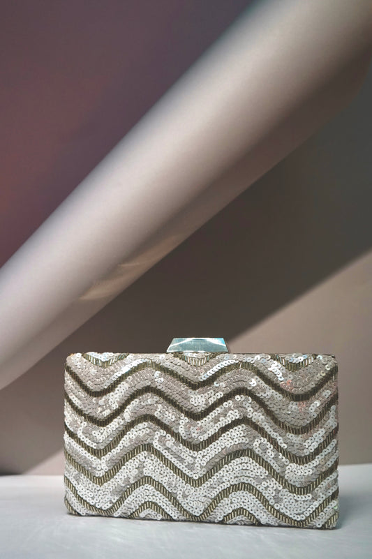 Rectangular shimmering white and silver Clutch