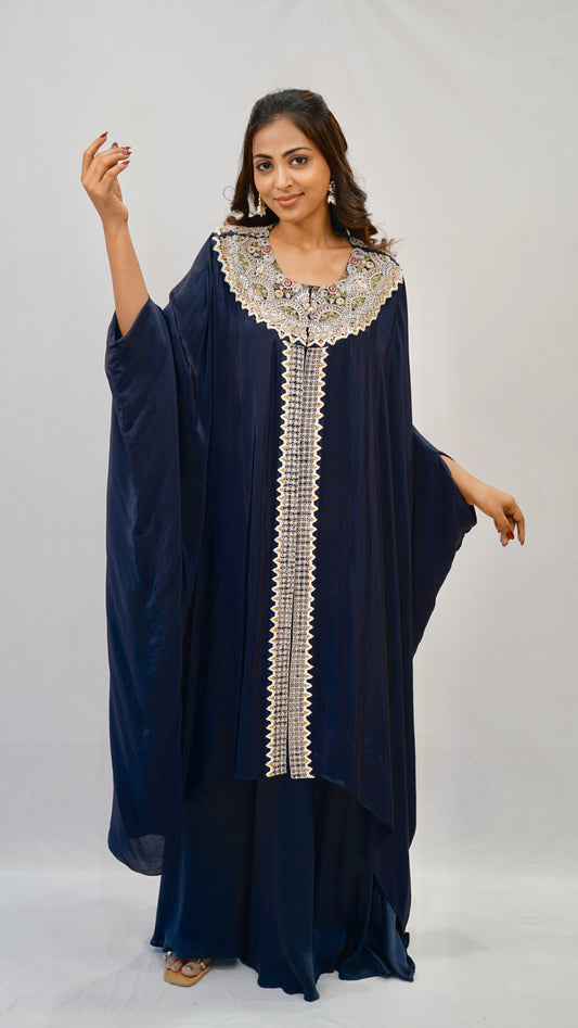 Blue bt kaftan set with neck work