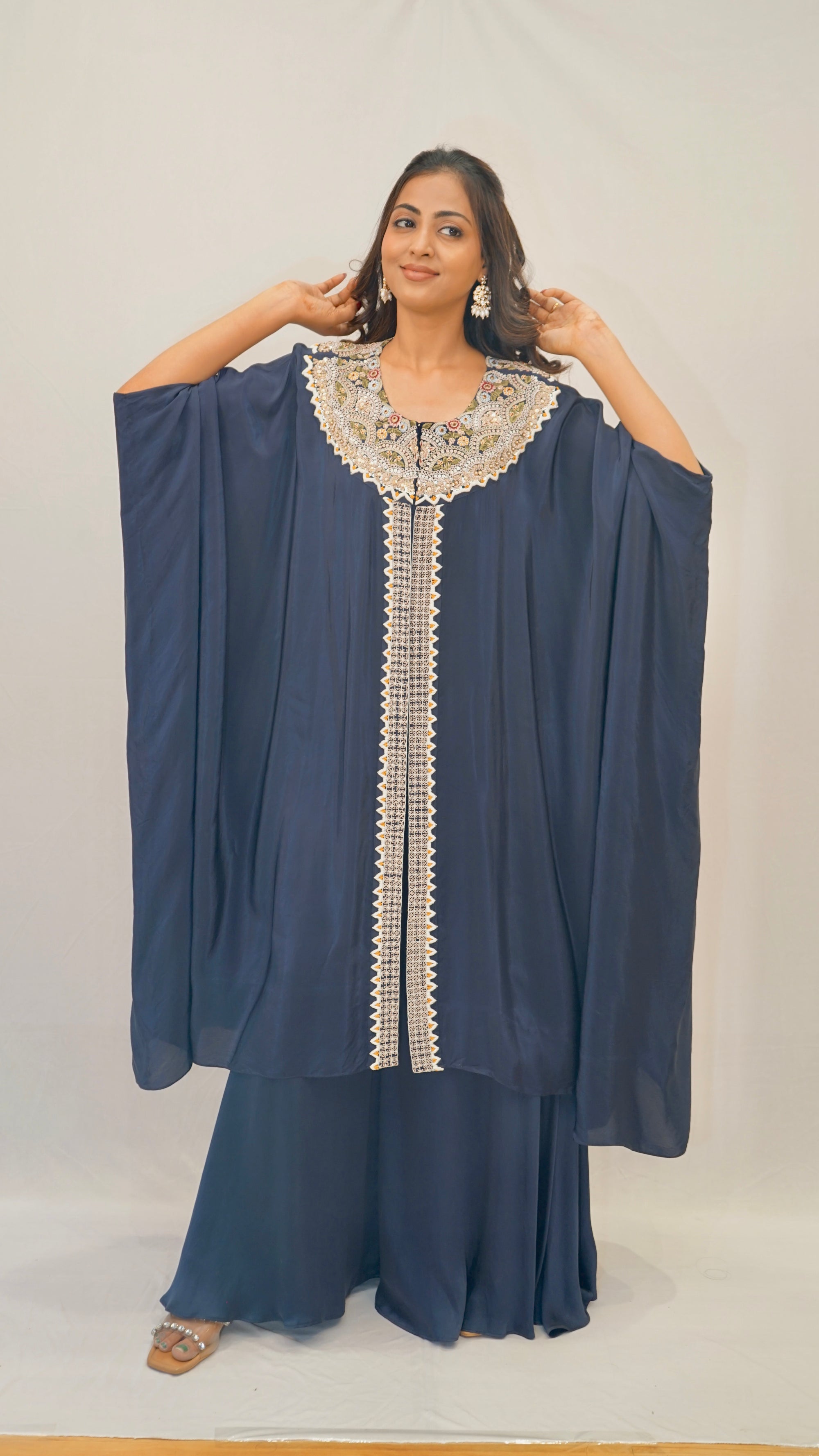 Blue bt kaftan set with neck work
