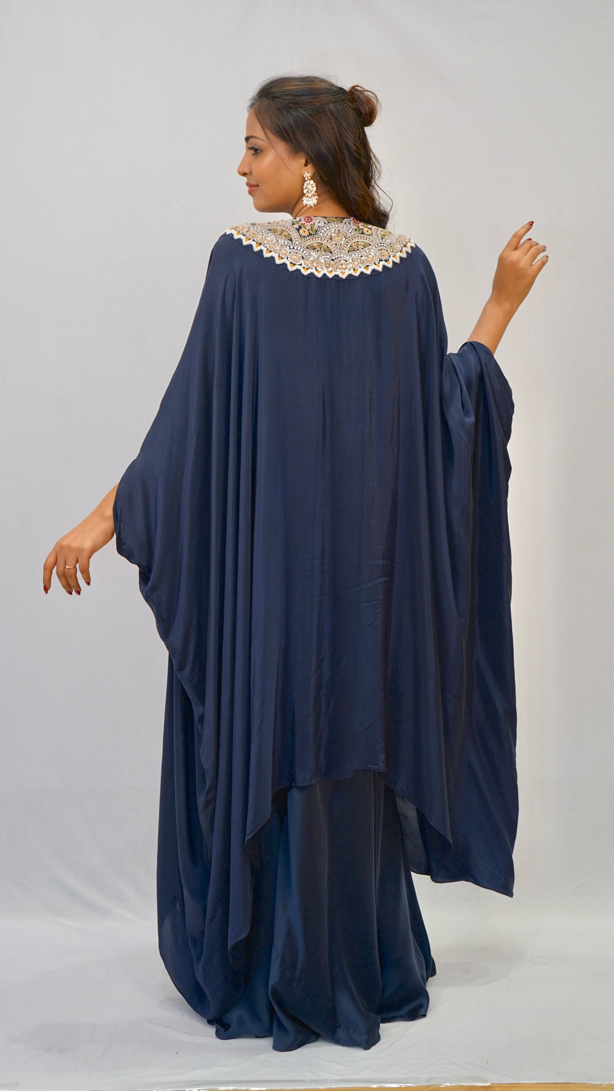 Blue bt kaftan set with neck work