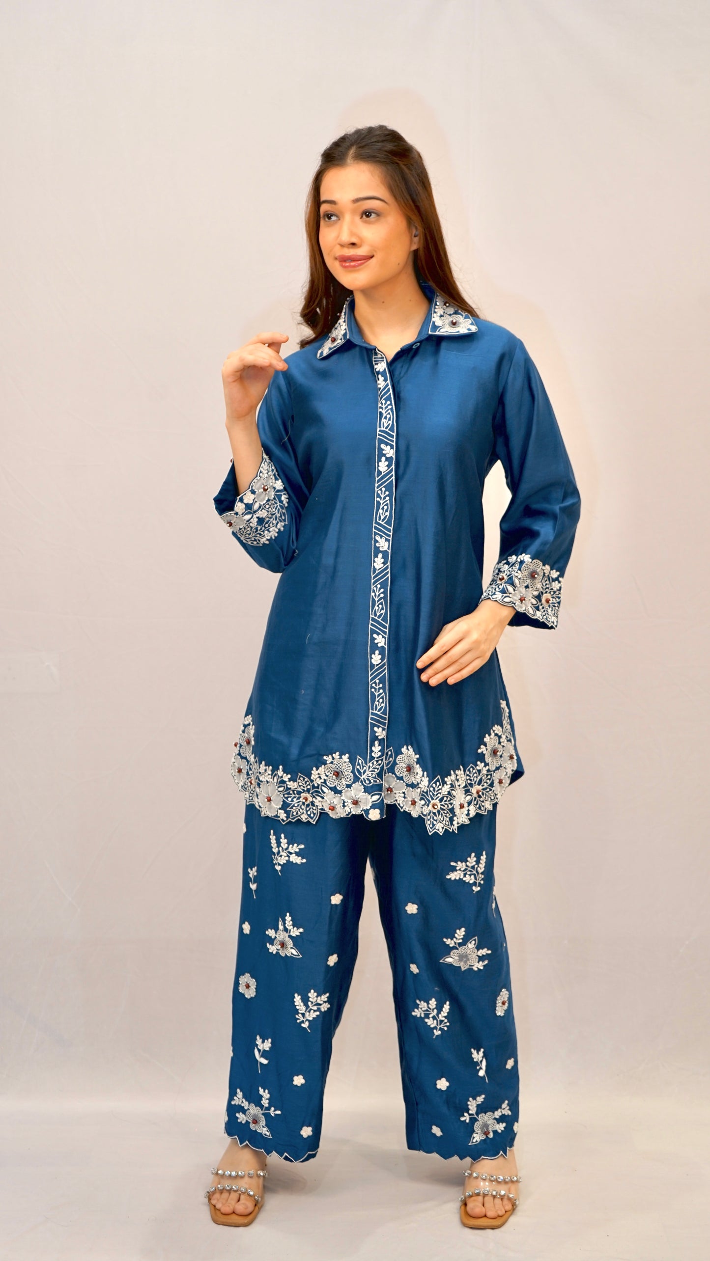 Royal blue floral white work co-ord set