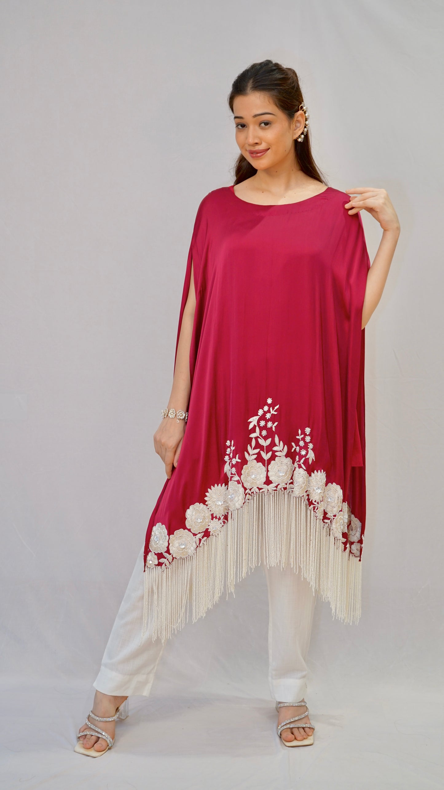 wine white tessel work kaftan top