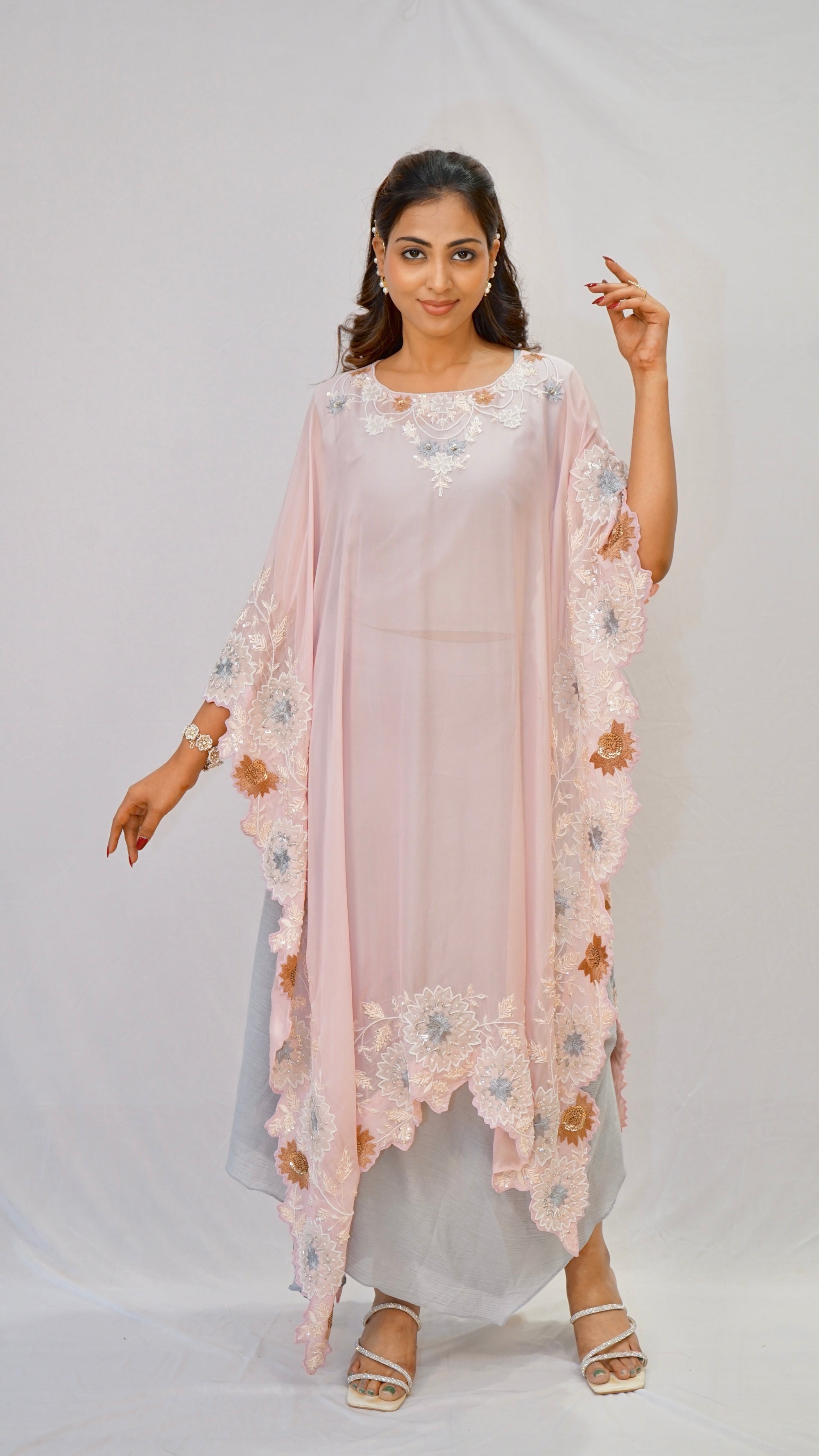 Light pink work with grey Kaftan