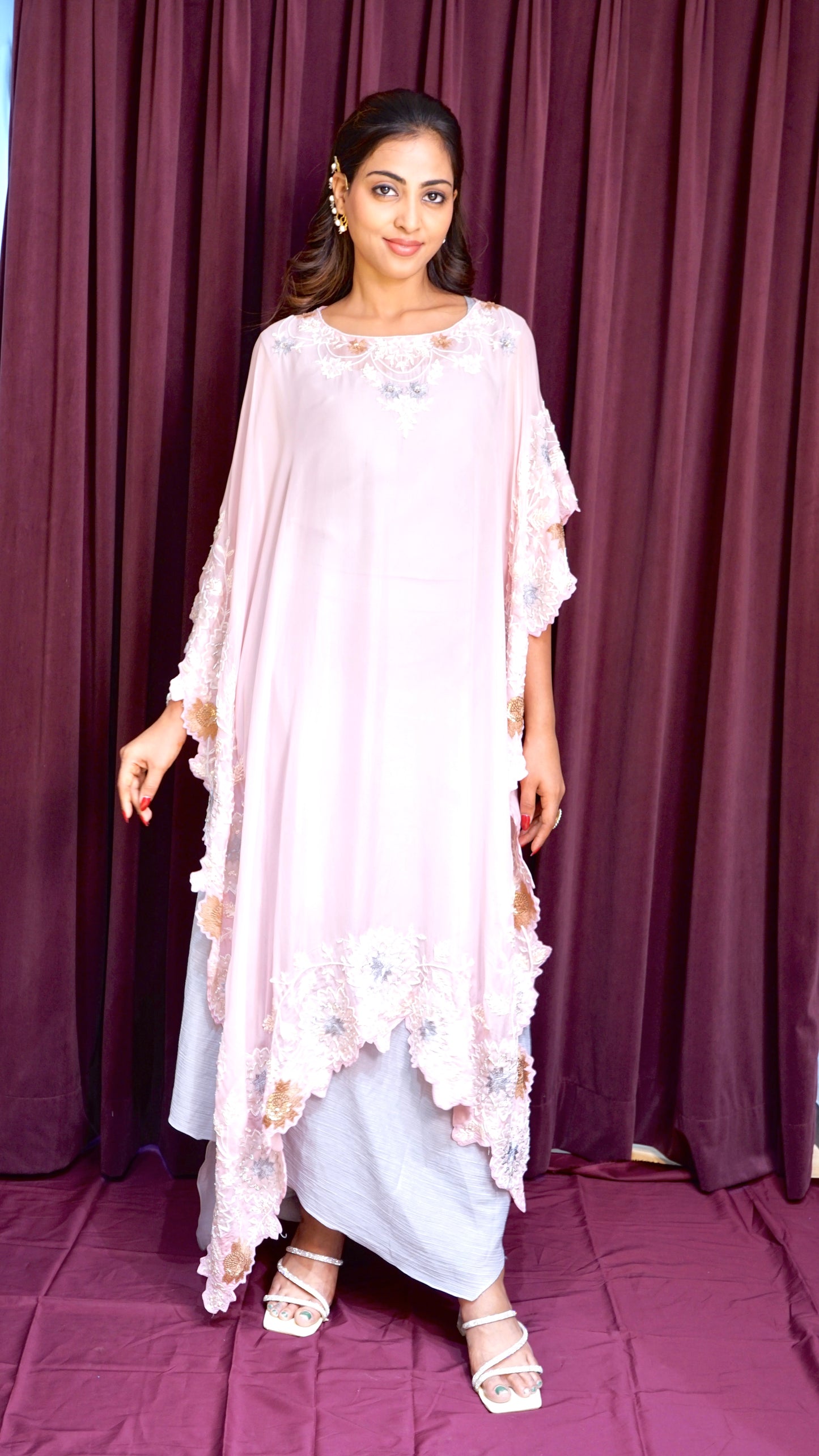 Light pink work with grey Kaftan