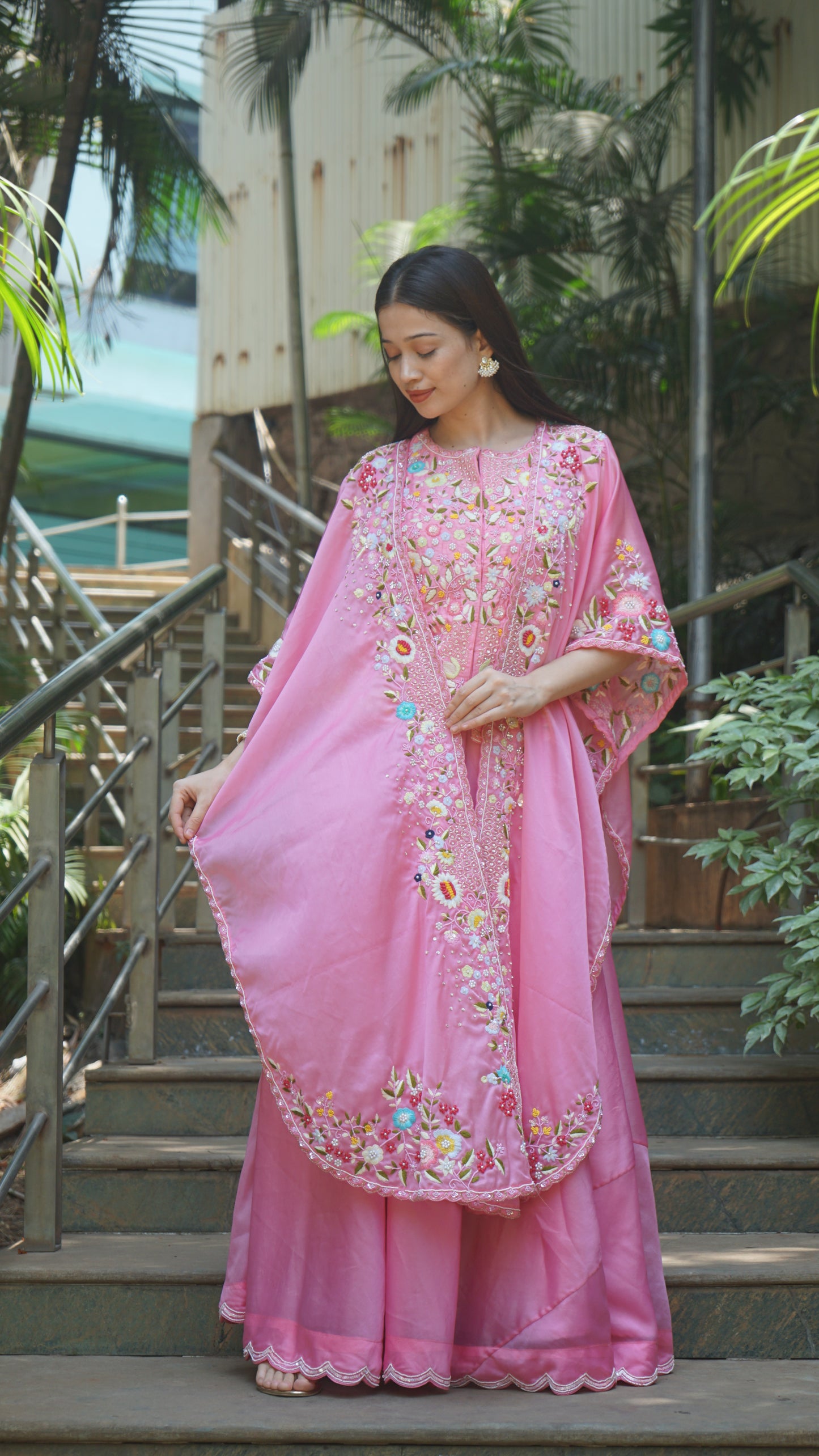 Neon Pink short blouse, Cape with lehenga