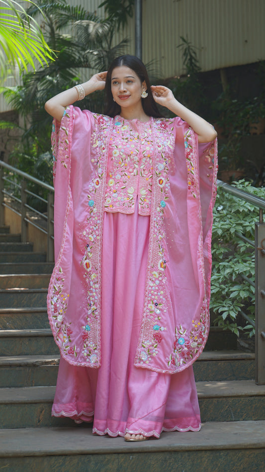 Neon Pink short blouse, Cape with lehenga