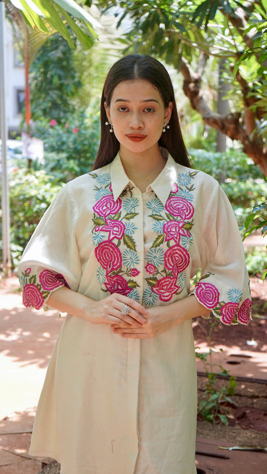 Shirt style top with embroidery