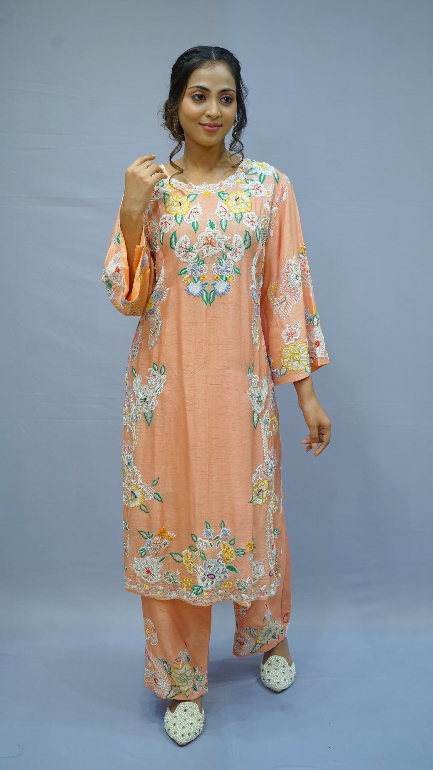 Peach Embroidered kurta with pants