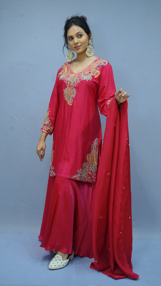 Rani pink Kurta with Flarred Plazzo And Duppata