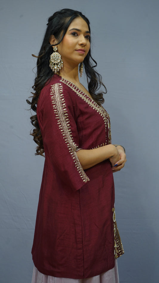 WINE  Embroidery Top with Flarred Lehenga