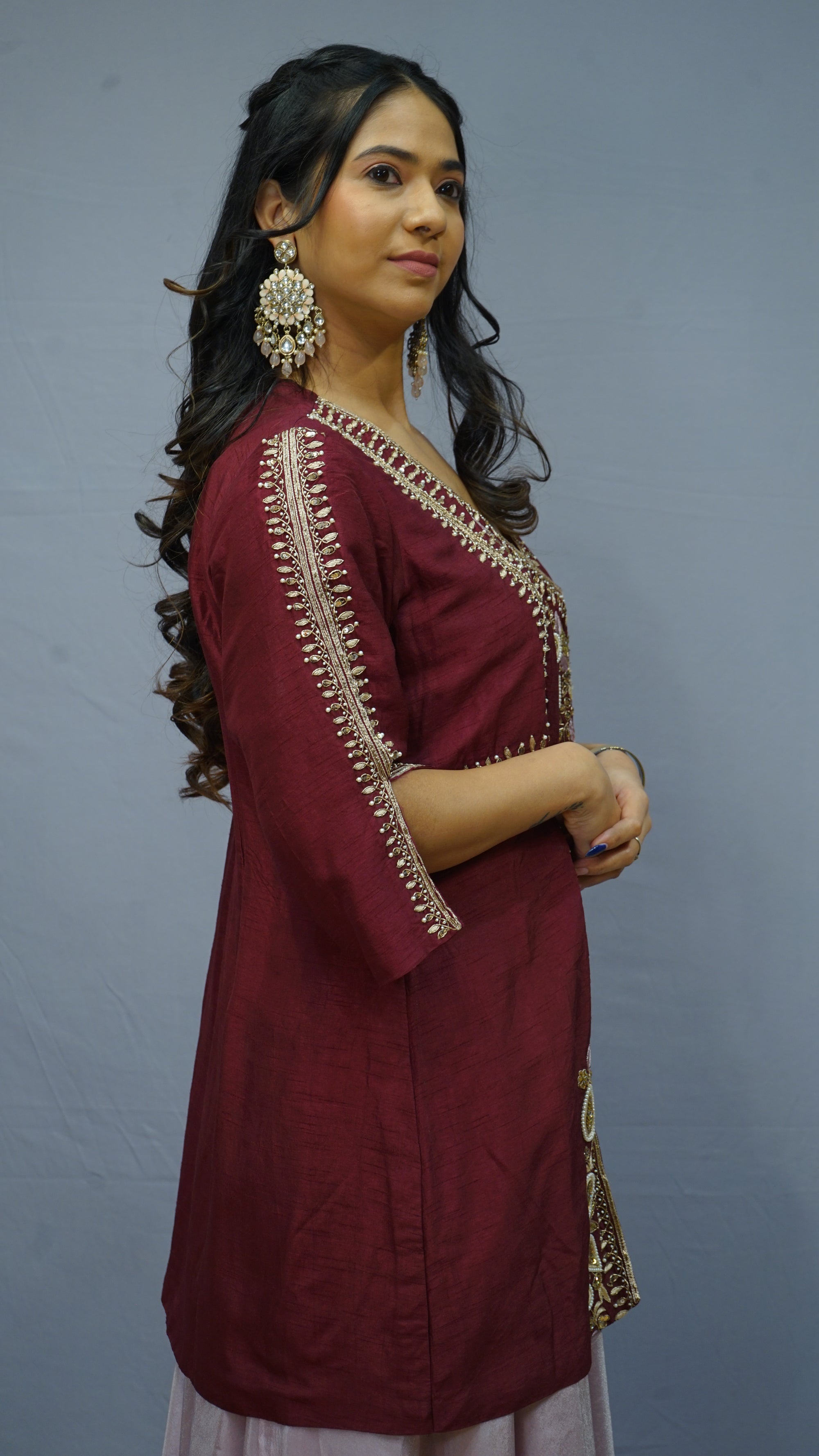 WINE  Embroidery Top with Flarred Lehenga