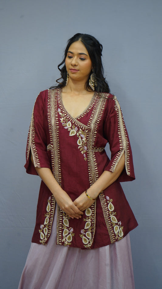 WINE  Embroidery Top with Flarred Lehenga