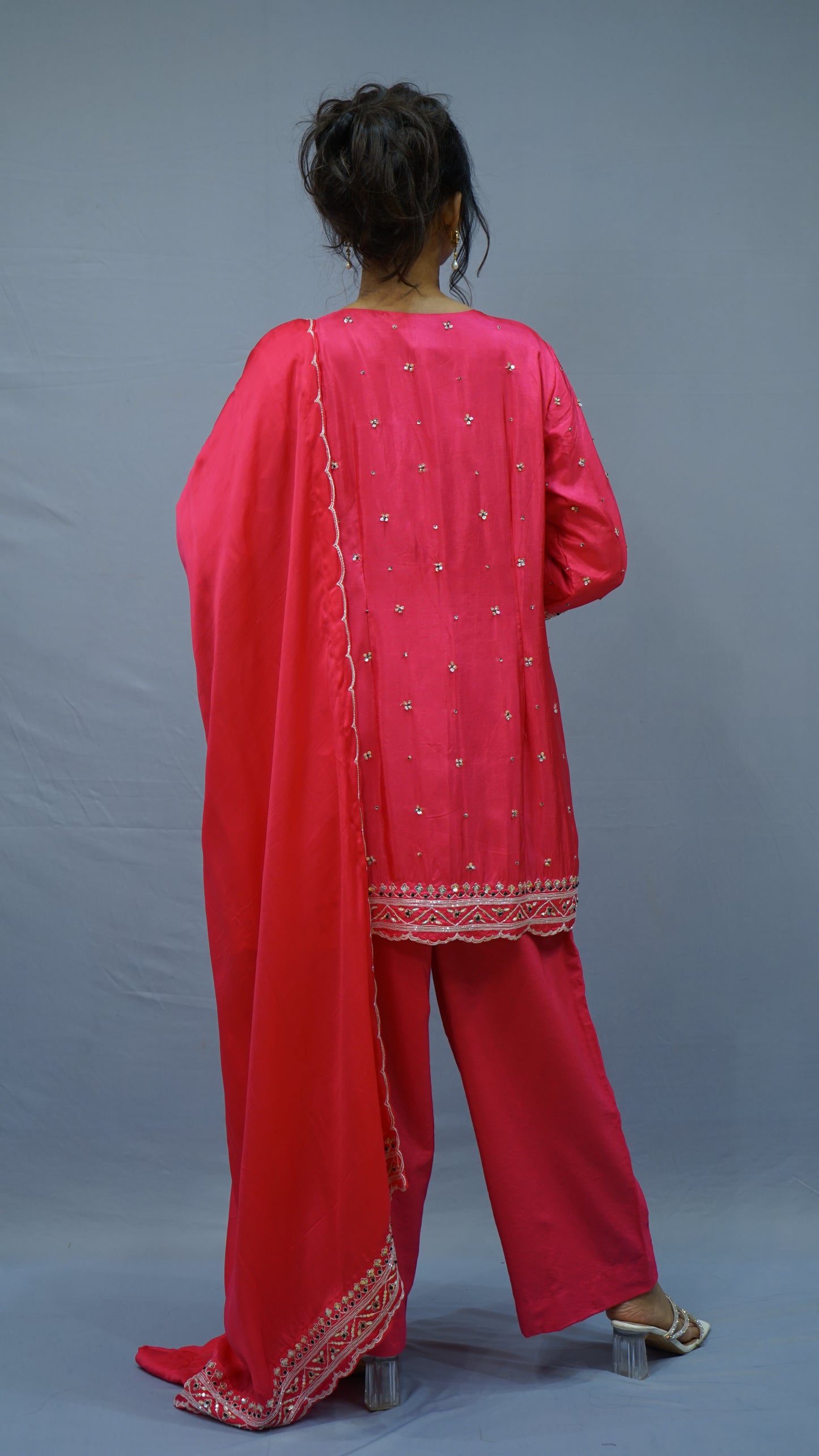 Hot-pink embroidered kurta set
